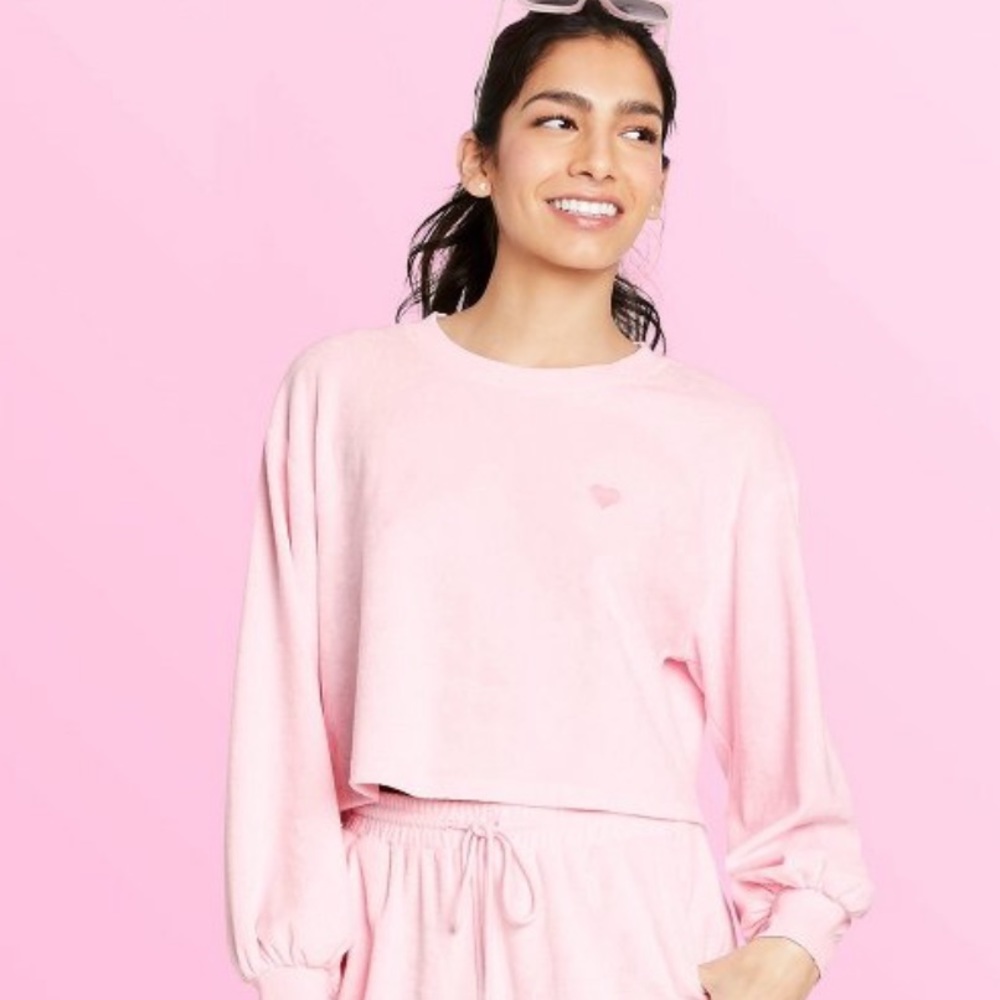 Stoney clover lane pink cropped terry cloth sweatshirt